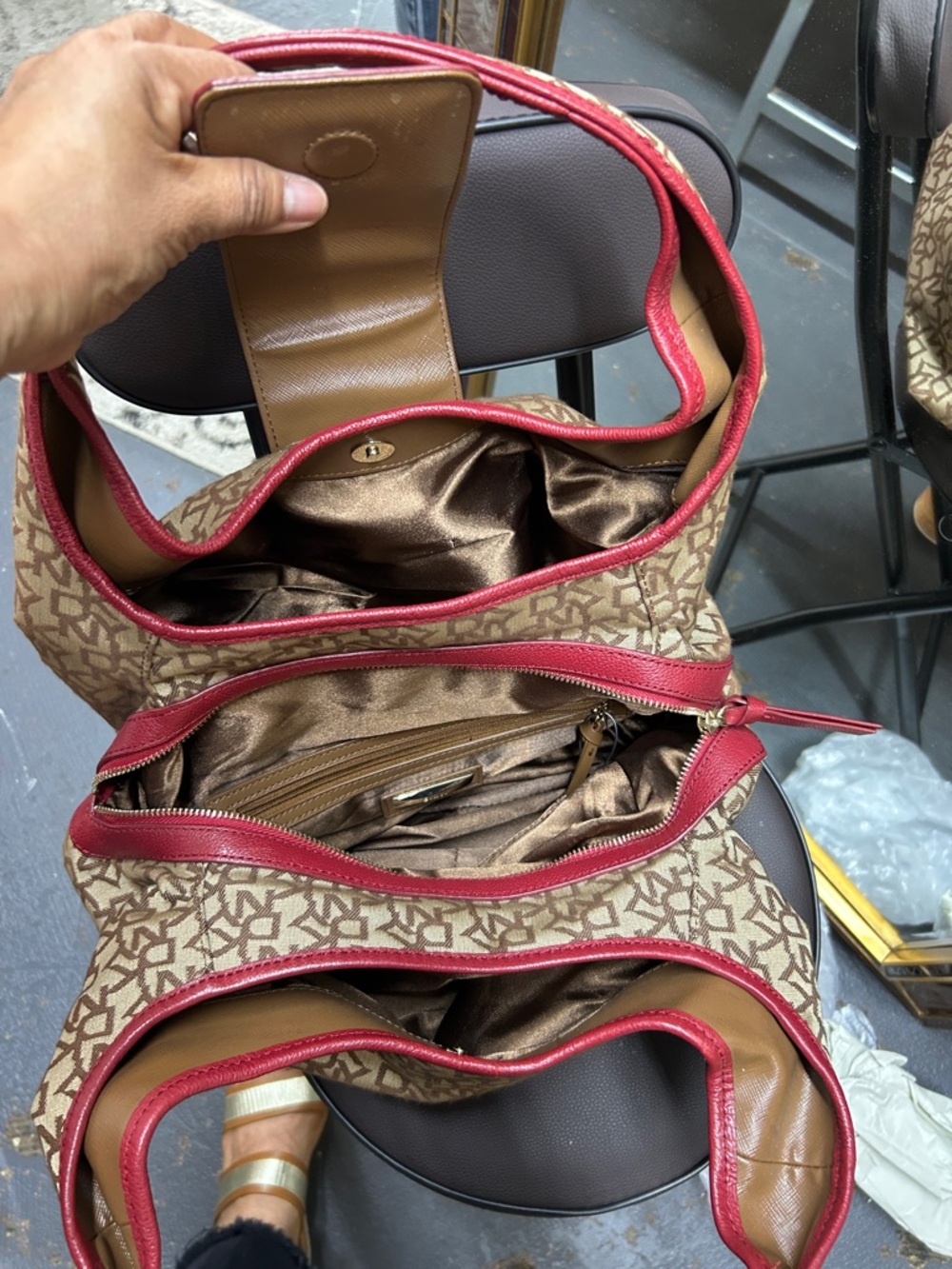 DKNY Beige Monogram Hobo with Red Trim - Picture 9 of 10